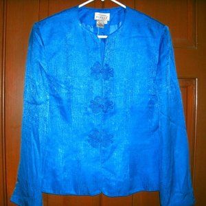 Vintage 90s Blazer Blue Silk Asian Style Evening Jacket Adrianna Papell 10